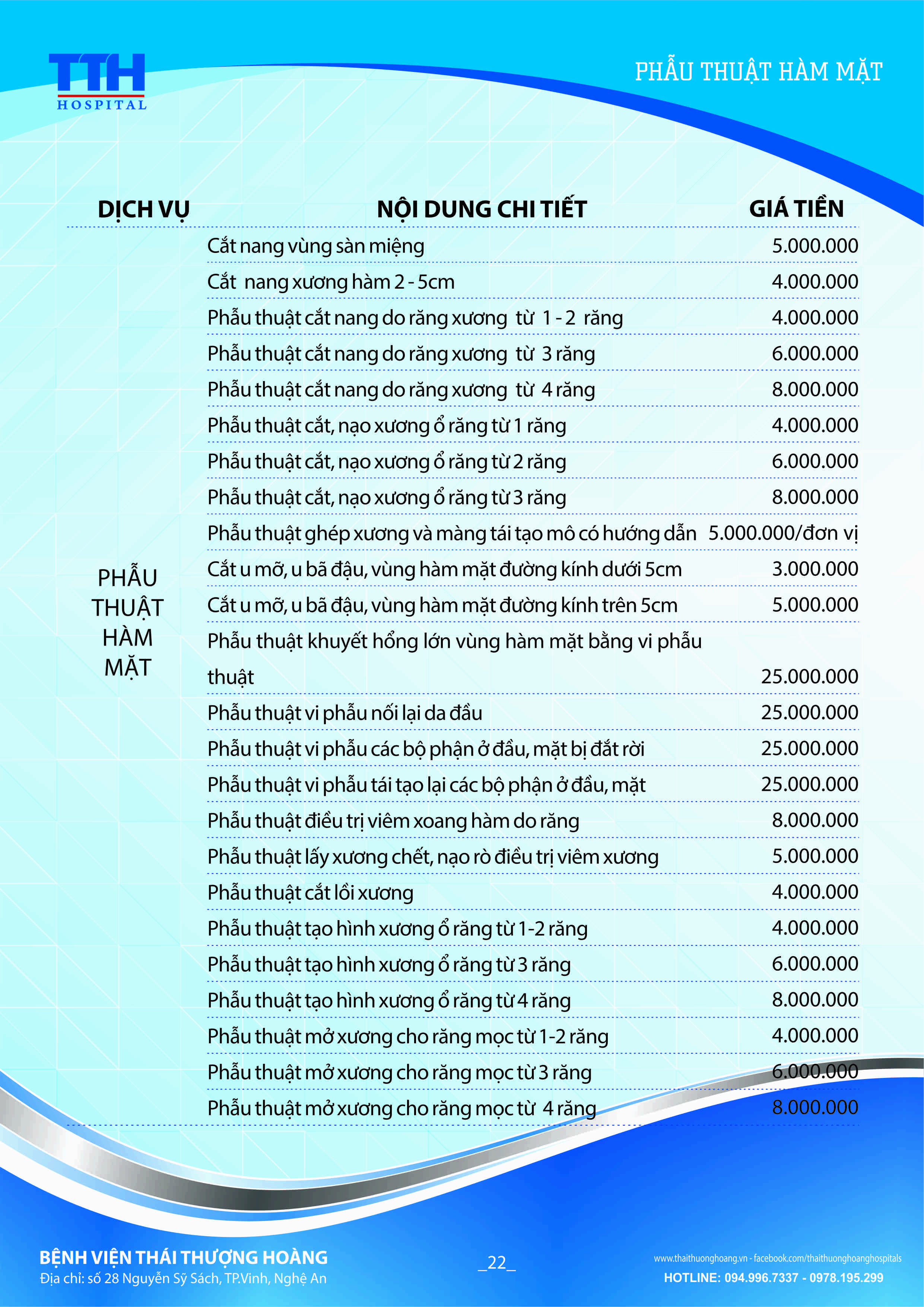 Bảng giá niêm yết Dịch vụ Răng hàm mặt Bệnh viện Thái Thượng Hoàng 22