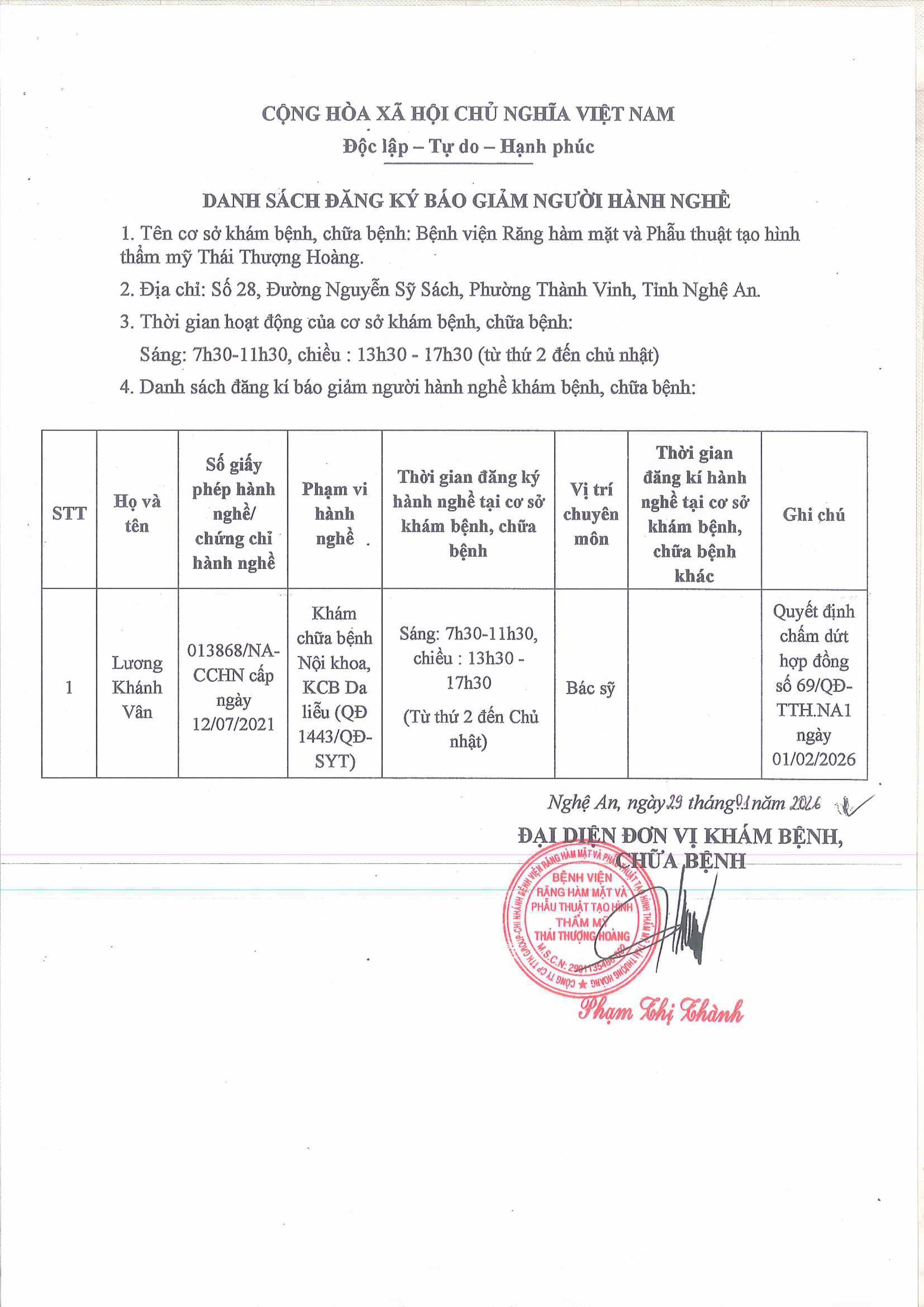 DANH SÁCH GIẢM HÀNH NGHỀ NGÀY  29 THÁNG 01 NĂM 2026