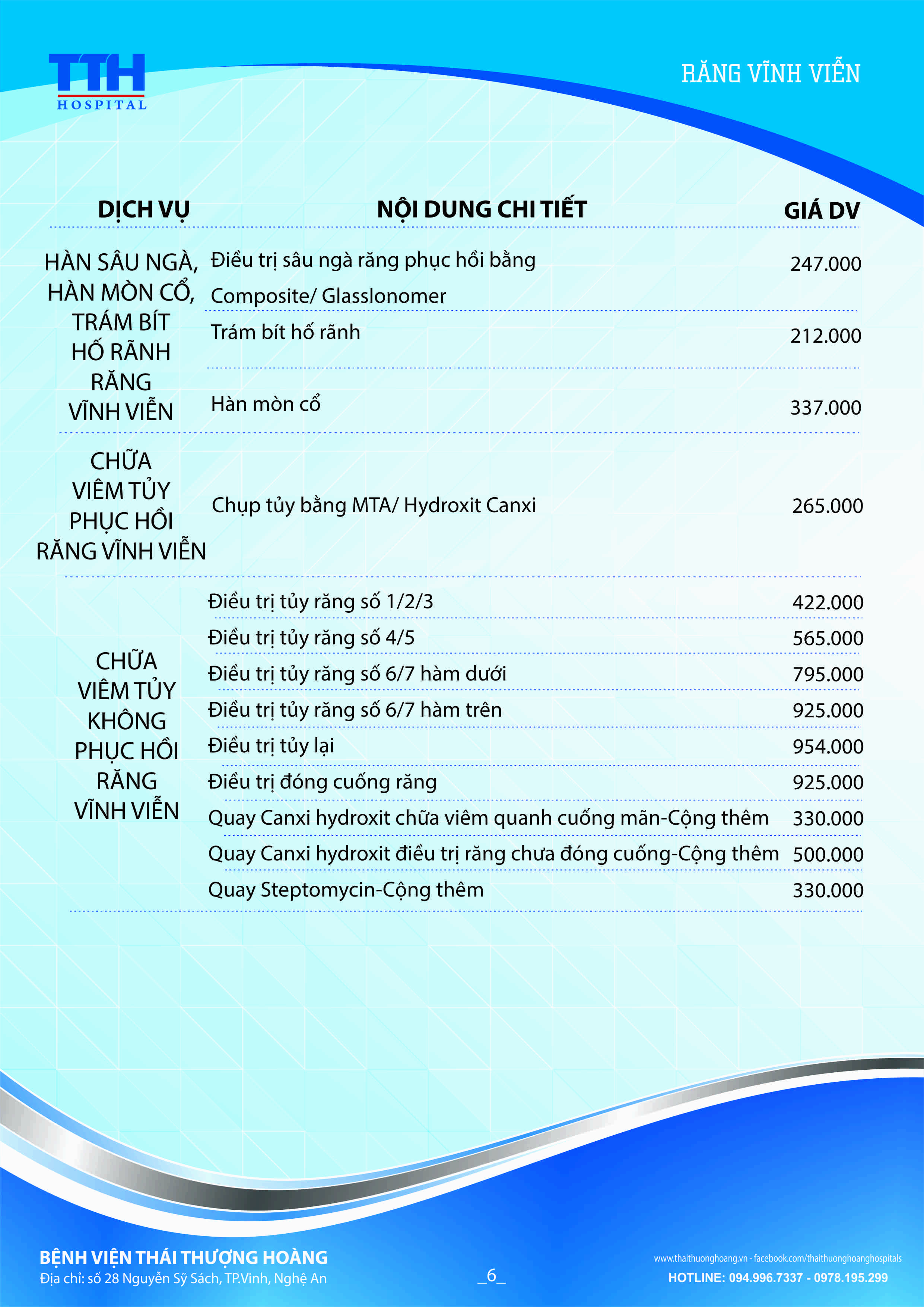 Bảng giá niêm yết Dịch vụ Răng hàm mặt Bệnh viện Thái Thượng Hoàng 6