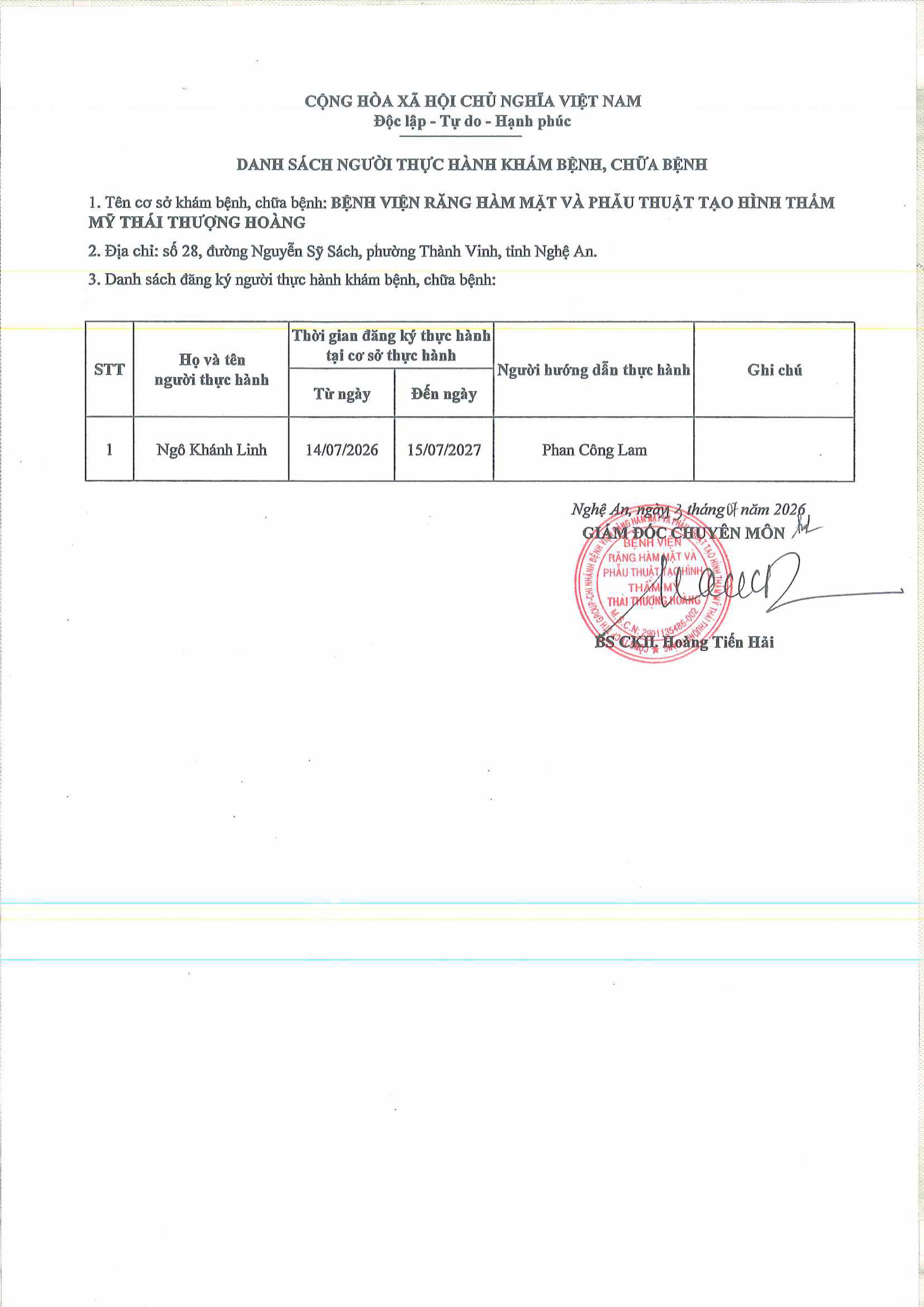 DANH SÁCH ĐĂNG KÝ THỰC HÀNH CHUYÊN MÔN THÁNG 7