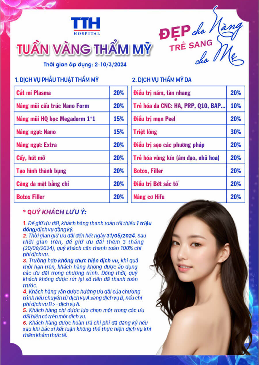 Bảng giá ưu đãi chương trình thẫm mỹ Đẹp cho nàng - Trẻ sang cho mẹ tri ân ngày Quốc tế phụ nữ 8-3-2024