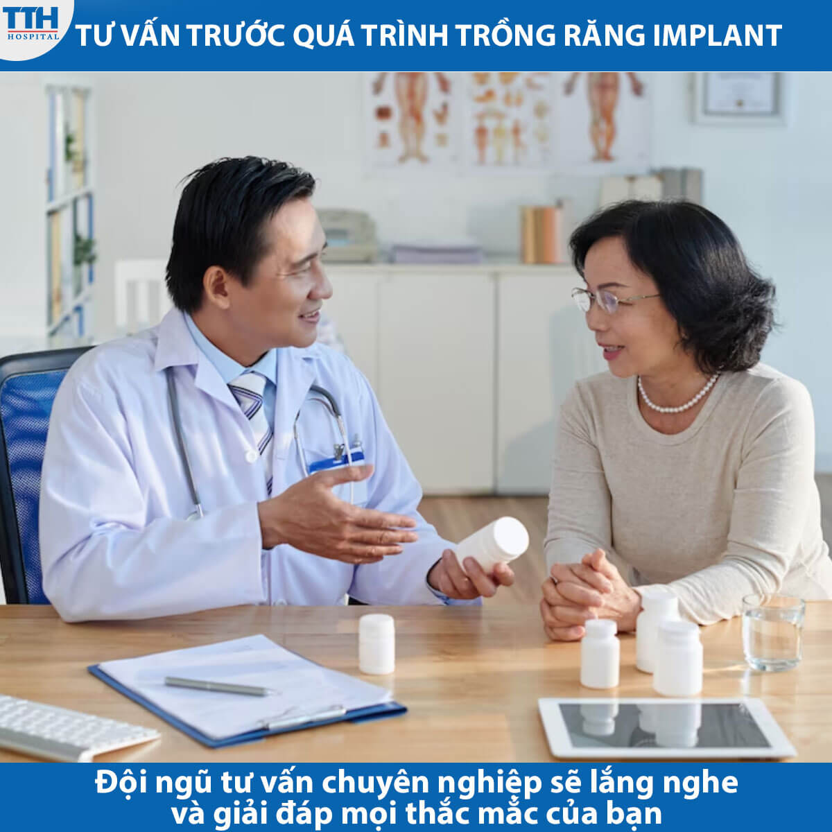 Đội ngũ tư vấn chuyên nghiệp sẽ lắng nghe và giải đáp mọi thắc mắc của bạn, giúp bạn cảm thấy tự tin và thoải mái trước quá trình trồng răng implant.